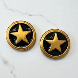 Vintage ‘80s Huge Chunky Gold Tone & Black Enamel Round Star Estate Earrings